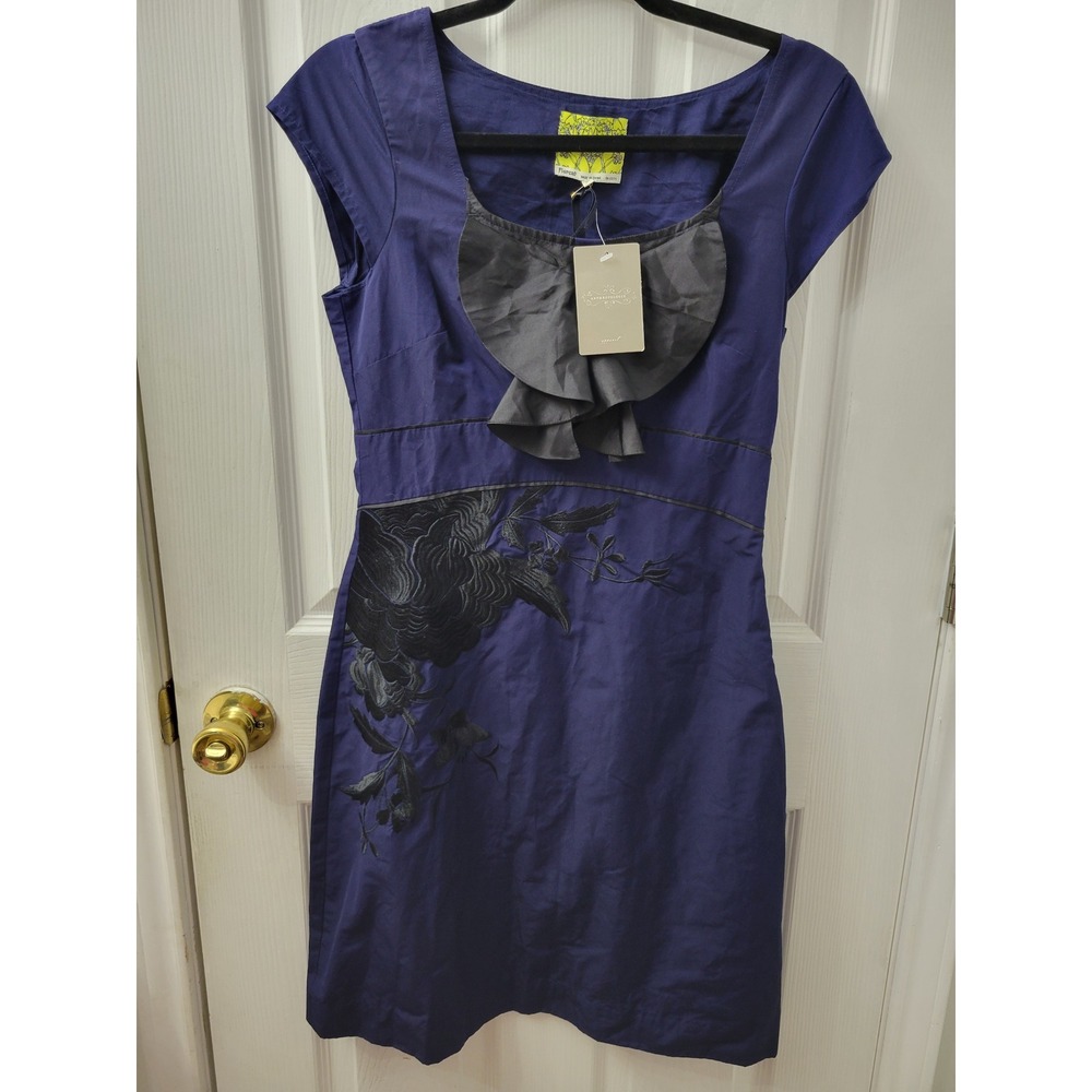 Anthropologie Floreat Purple Embroidered Floral Silk Trim Sheath Dress NWT